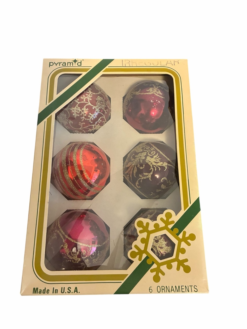 Vintage Pyramid Red Gold Glitter Glass Ball Christmas Ornaments Set of 6 USA
